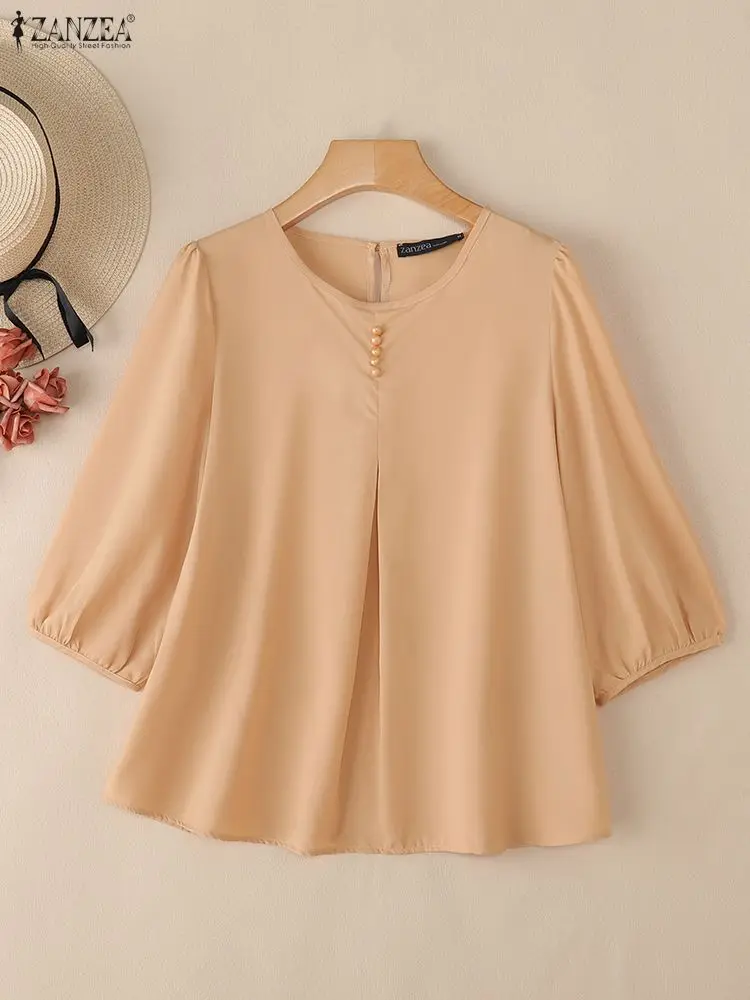

ZANZEA 2025 Womens Casual 3/4 Sleeve Blouses Autumn O-Neck Inverted Pleat Solid Color Tops Everyday Cozy Weekend Woman Clothes