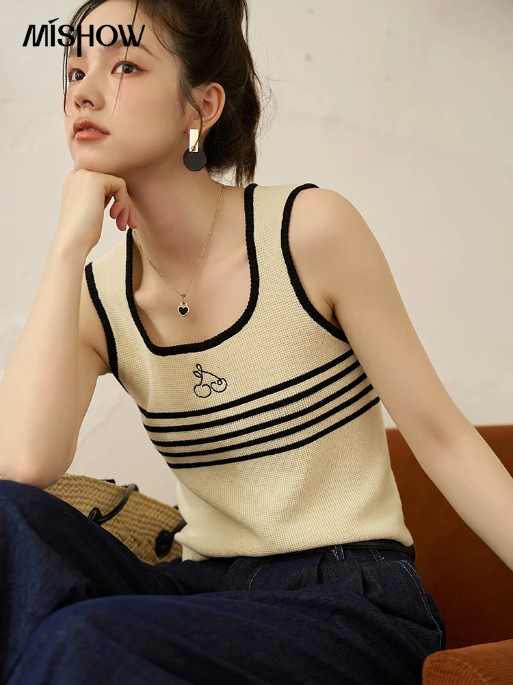 MISHOW Contrast Color Striped Tank Top 2023 Summer Knitted Embroidery Cherry Sleeveless U Neck Versatile Casual Tops MXC34T0021