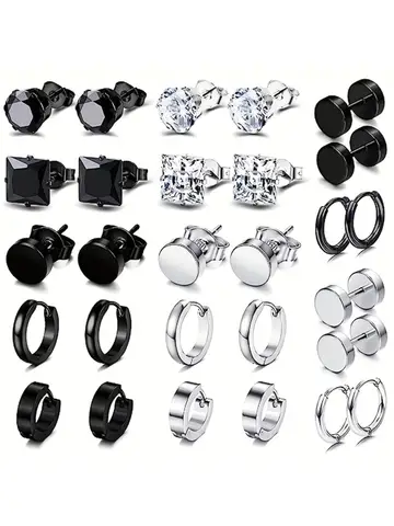 4-14 Pairs Earrings For Men, Black Earrings Mens Earrings, Stainless Steel Stud Earrings For Women Huggie Hoop Earrings Set