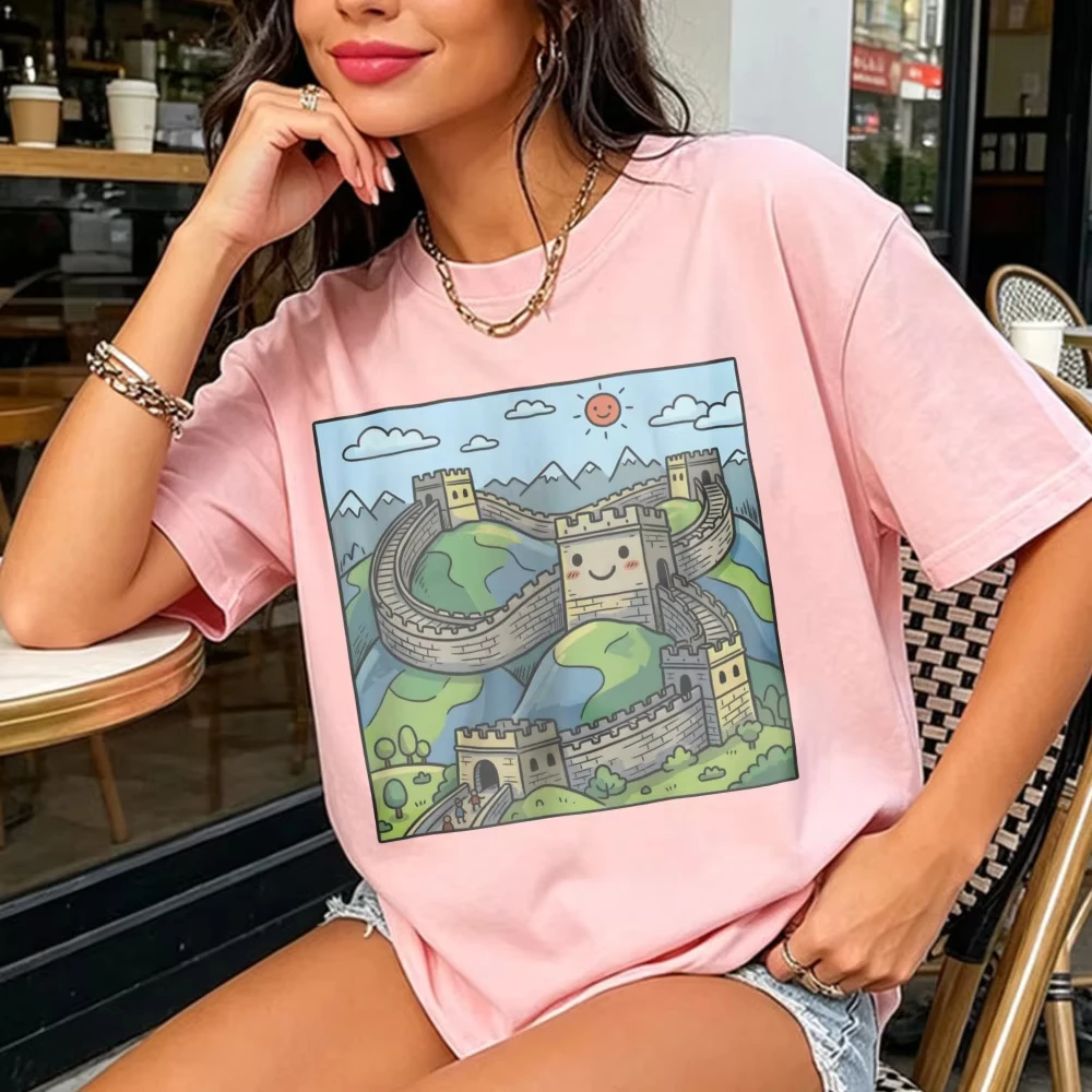Great Wal Shirt Ancient Landmark Graphic Tee Chinese Landmark Cute Cartoon Travel Tourism Unisex Shirt High quality Cotton Tees