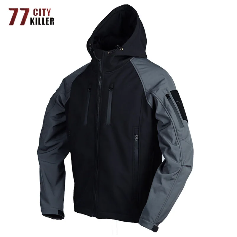 

Soft Shell Fleece Tactical Hooded Jackets Mens Outdoor Windproof Waterproof Hiking Fishing Combat Military Patchwork Coats Male