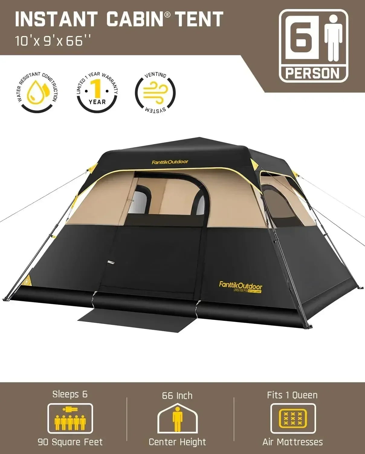 Camping Tent 4/6/8/10 Person Instant Cabin Tent Setup in 60 Seconds with Rainfly & Windproof Portable with Carry Bag for Family