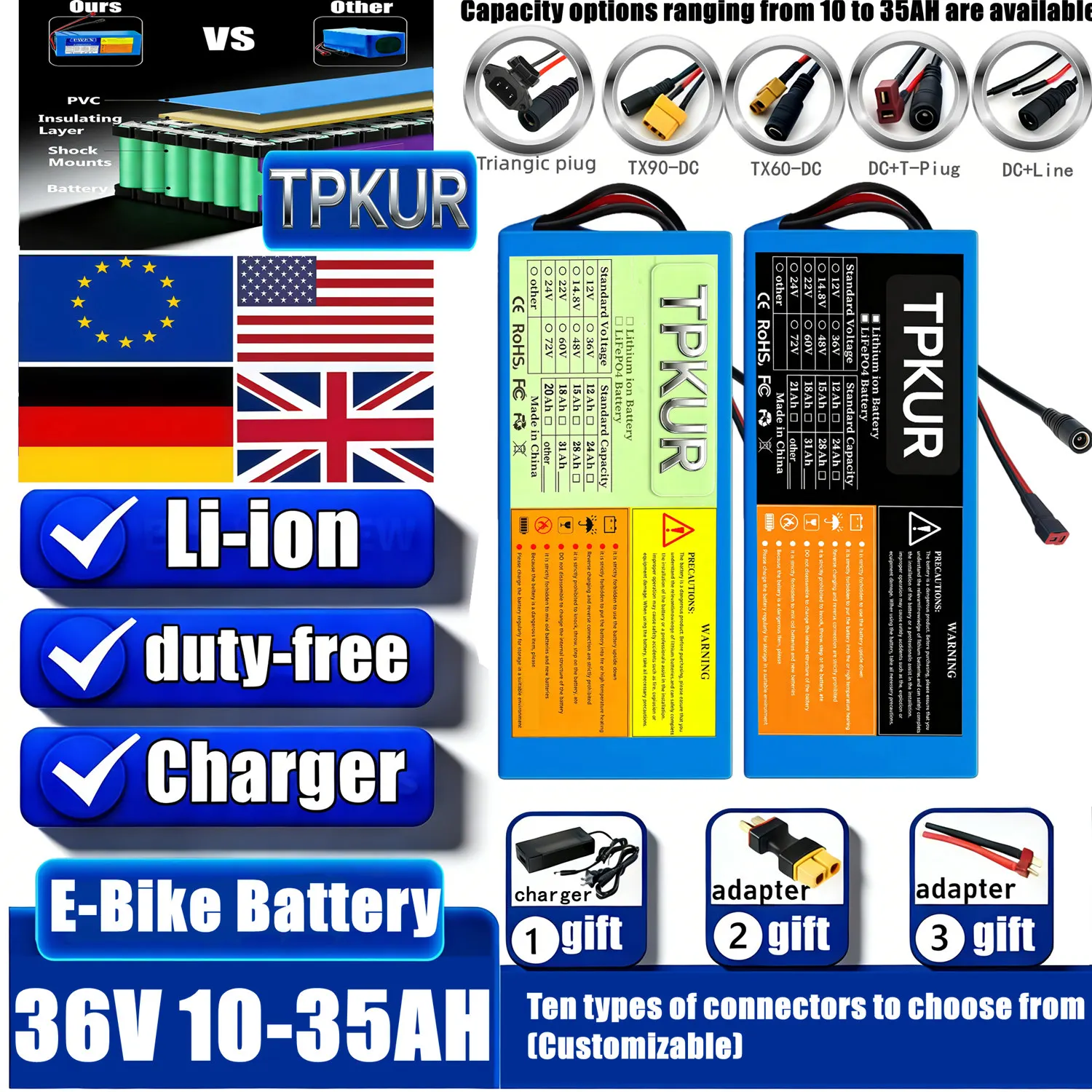 TPKUR High Capacity 18650 Lithium Battery Pack 36V 10S6P 15AH 20AH 25AH 35AH Built-in BMS For 250-1500W Electric Scooter Ebike