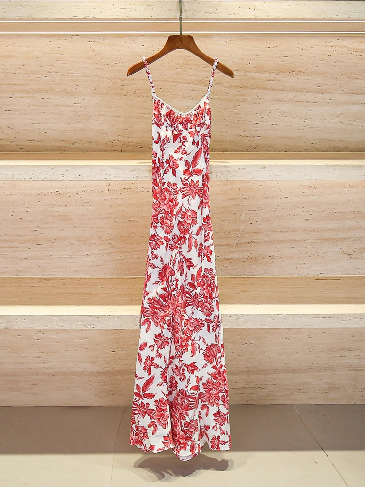 

S Home Nan You High End Women's Long Printed Strapl Dr Summer Vaion Sle High Waist A-Line Midi Dr without Sve