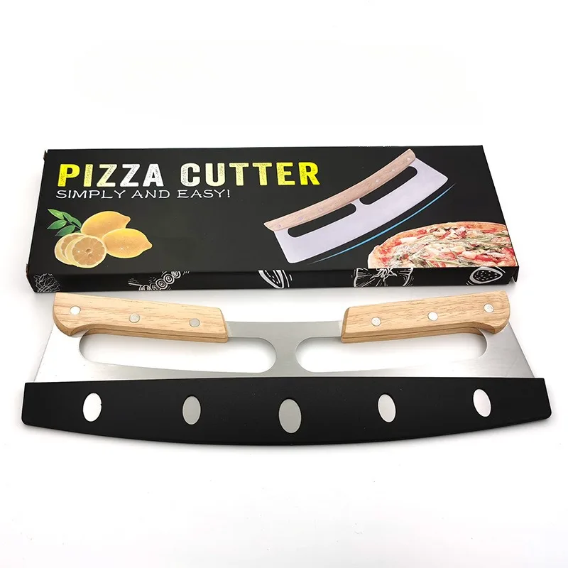 Pizza Cutter Rocker,Stainless Steel Blade Knife With Double Wooden Handle&Plastic Cover, Big Pizza Slicer/Chopper,Kitchen Tool