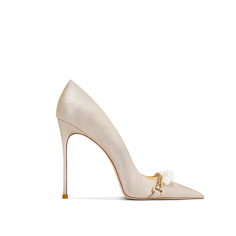 2025 Spring New Grass Green Satin Pearl Pointed Toe Stiletto Heels for Women