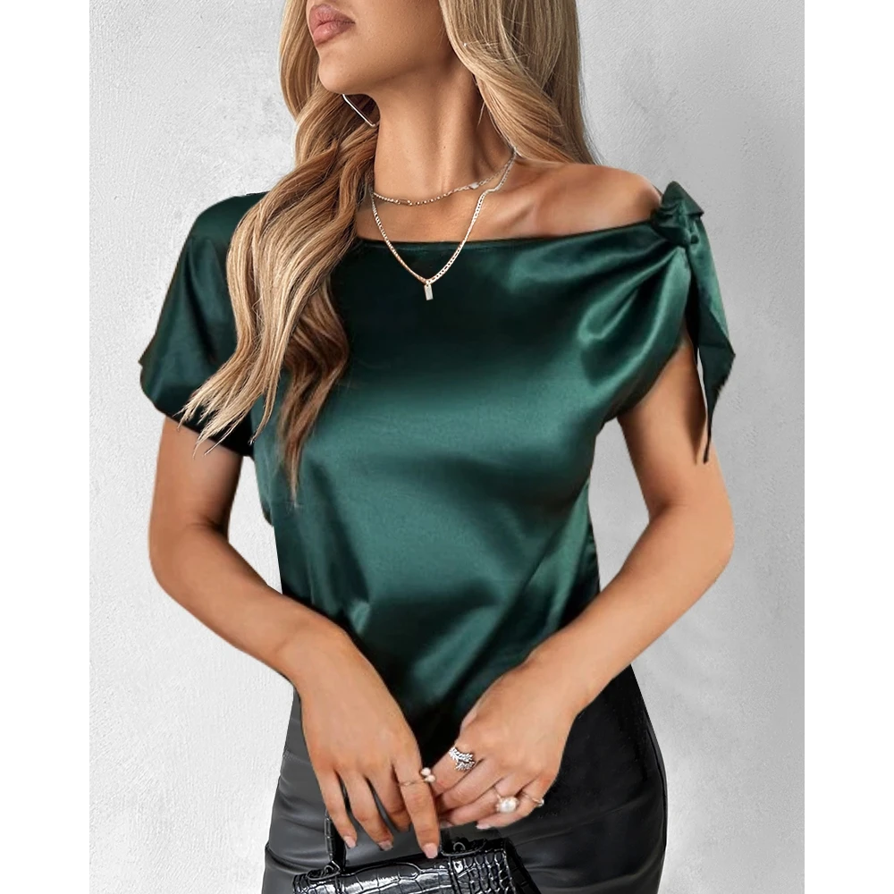 Women Asymmetrical Neck Bowknot Decor Satin Top Summer T-Shirts Casual Solid Short Sleeve Tees 2024 Sexy y2k Clothing Elegant