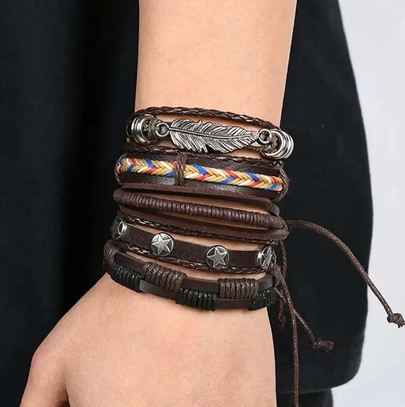 Vintage Brown 6 pieces Leather Bracelets Set For Men Metal Leaf Litter Punk Hand Braided Wrap Wristband Rope Mens Beads Bracelet