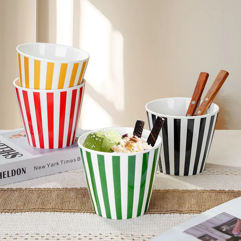 Creative Large Capacity Ice Cream Cup Fashion Striped Popcorn Cup Nordic Style Ceramic Multi Functional Home Use Round Tableware