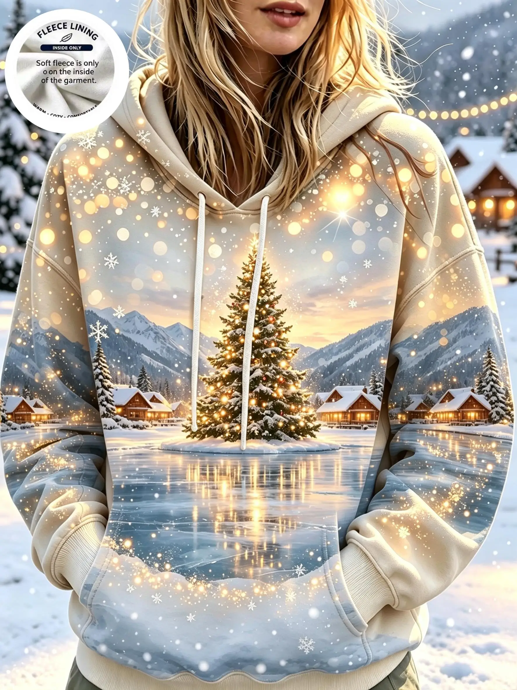 Magical Christmas Winter Landscape Fleece Hoodie Women Snowflake Gift Carriage Graphic Hooded Pullover