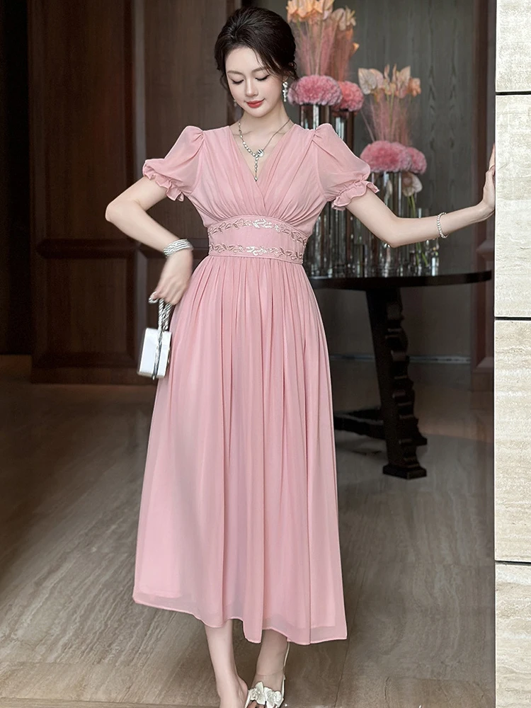 Women Vacation Clothes Chiffon Sweet Pink Short Sleeve Corset A-Line Long Dress Elegant Evening Party Prom Vestidos Robe Casual