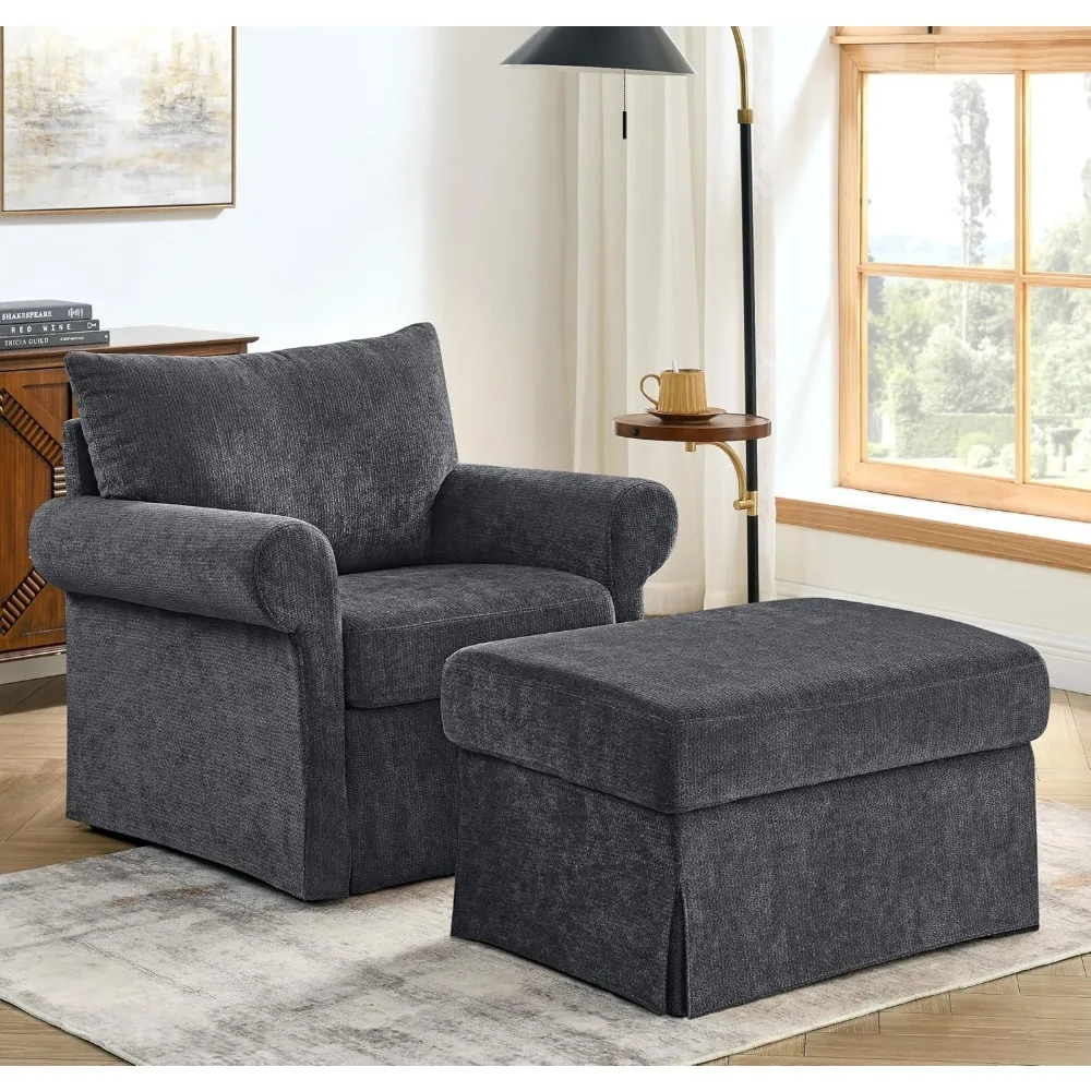 Kursi Aksen 35,82” dengan Ottoman, Kursi Ruang Tamu Berlapis Kain untuk Membaca, Kursi Santai dengan Chaise Lounge untuk Dalam Ruangan, Nyaman