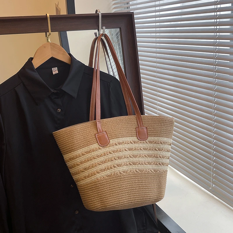 

Vacation Beach Shoulder Bag Woven Stripe Pattern Handbag Large Capacity Women Tote Bag for Summer Vacation