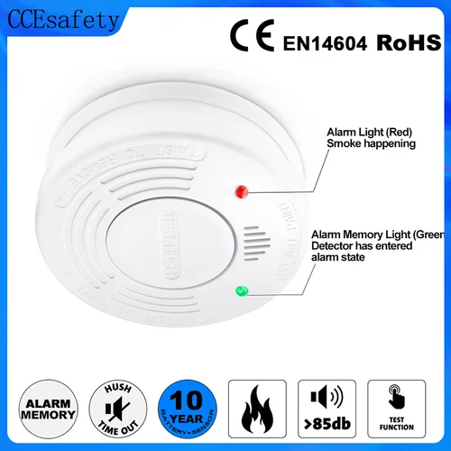 Detector de humo Sensor de humo de 10 años alarma de incendio independiente certificado CE EN14604 con batería CR123A indicador LED seguridad del hogar