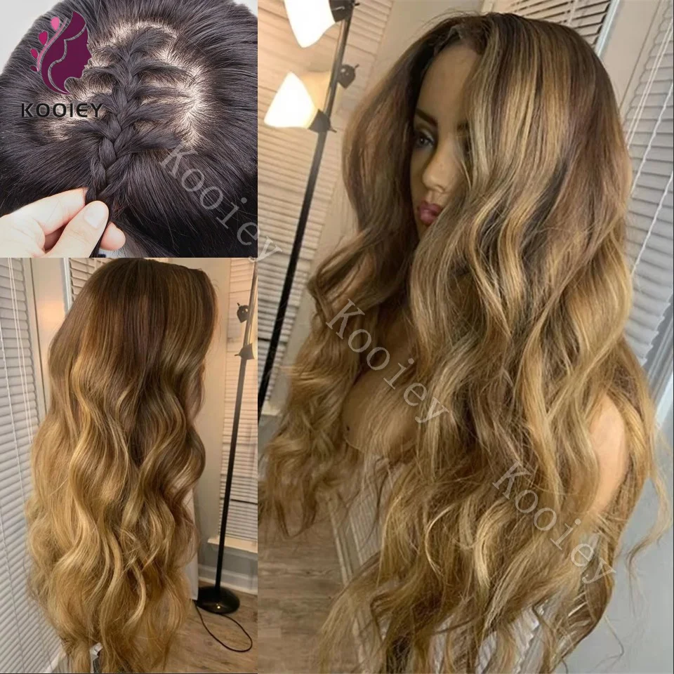

180% Ombre Honey Blonde 1bT27 360 Lace Frontal Wig 13X6 HD Transparent Body Wave 13x4 Silk Top Human Hair Wigs with Brown Roots