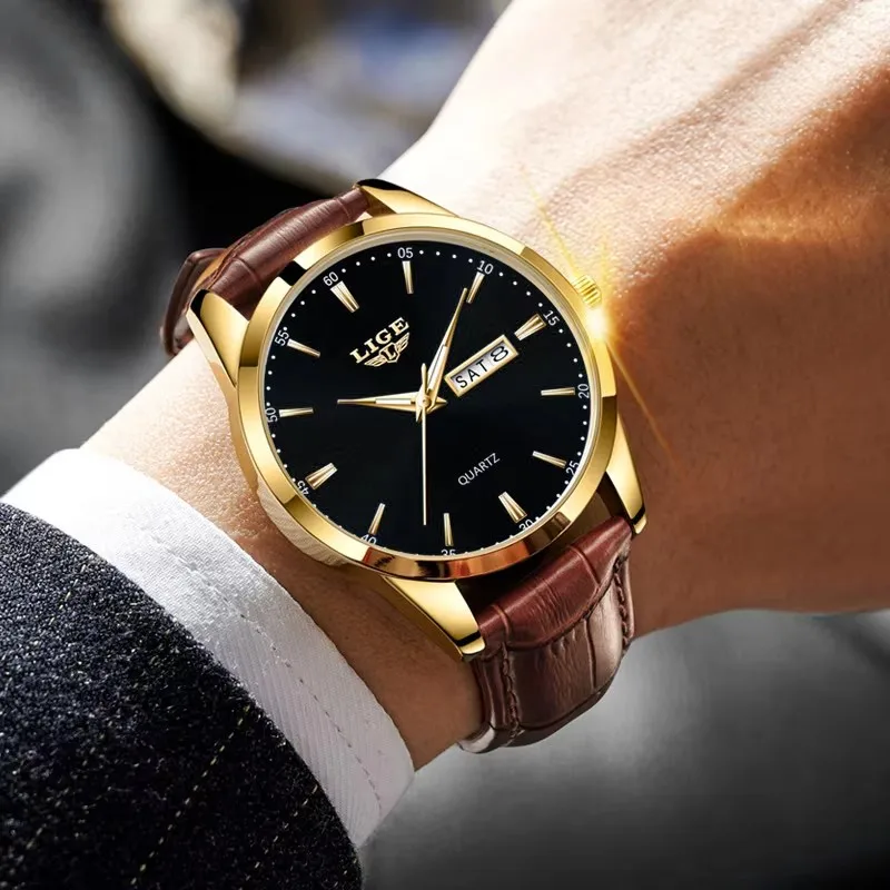 LIGE Orologi alla moda da uomo Orologio al quarzo di lusso delle migliori marche Cinturino in pelle da uomo Orologio da polso da uomo casual da lavoro impermeabile