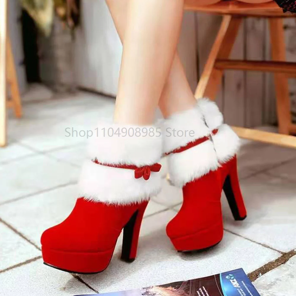 

Women's Red Christmas Ankle Boots Winter Bow Decor Fur Lined Side Zipper Platform Christmas Heels Santa Boots Big Size 43