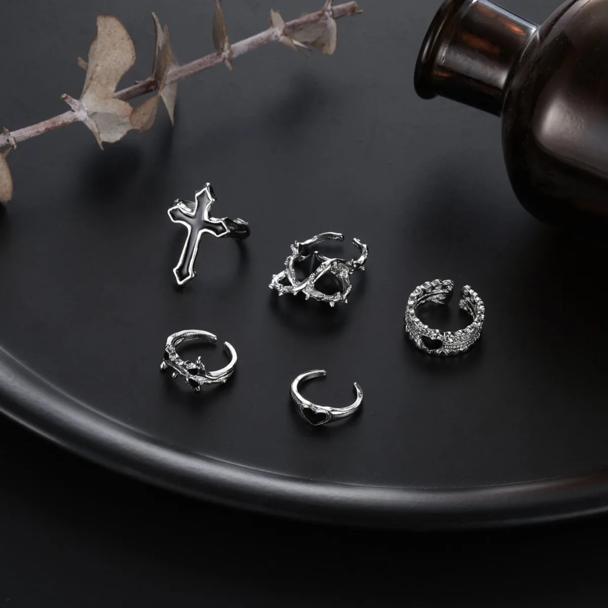 5pc Cross Heart Shape Ring Alloy Silvery Hip Hop Goth Personality Retro Drop Glaze Black Opening 5-piece Set Women Fashion Party