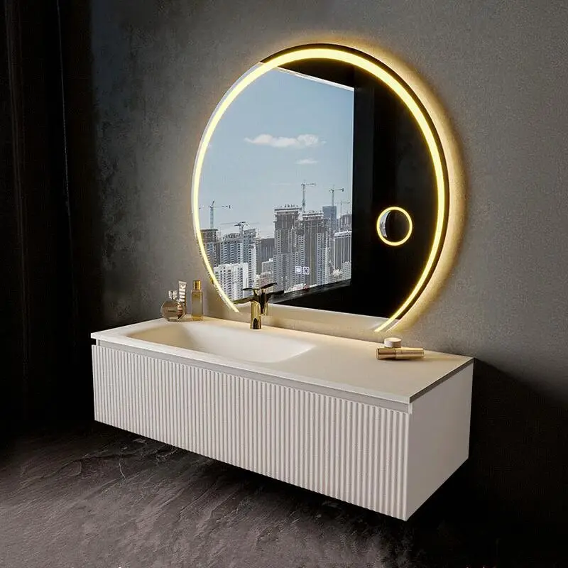 

Комплект для ванной комнаты: тумба под раковину в стиле крем, интегрированная керамическая раковина, для умного дома и отелей, в стиле лайт-люкс