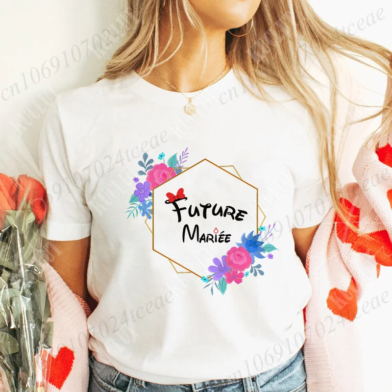 Team Future Bride T-Shirt Bachelorette Hen Party Evjf Y2k Tops Floral French Girls Single Farewell Tees Bridal Wedding Shirt