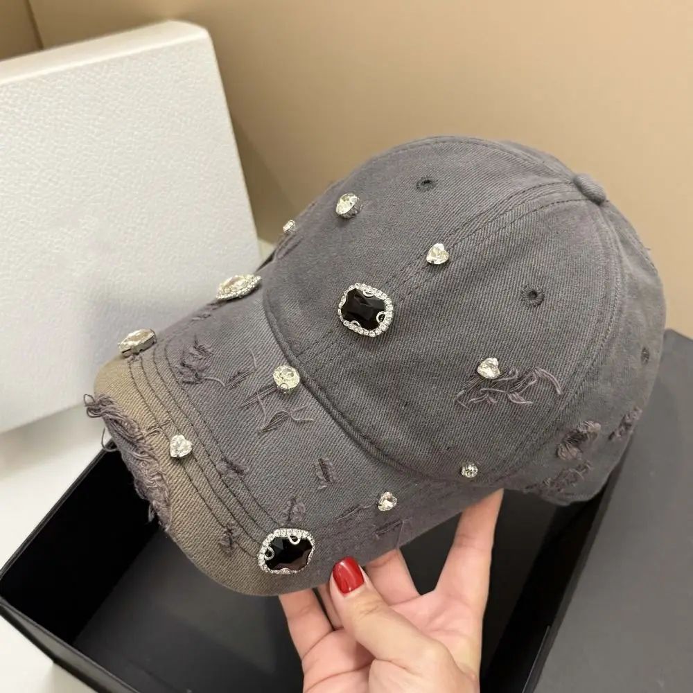Cotton Rhinestone Baseball Cap Torn Effect Rhinestone Embellished Hip Hop Cap Adjustable Snapback Vintage Wash Hole Washed Hat