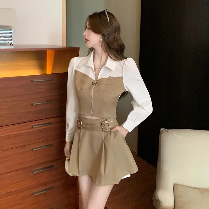 

2025 New High-end Contrast Color Shirt Set For Women Spring Casual Fashion Long Sleeve Shirt And Skirt Temperament Two Piece Set