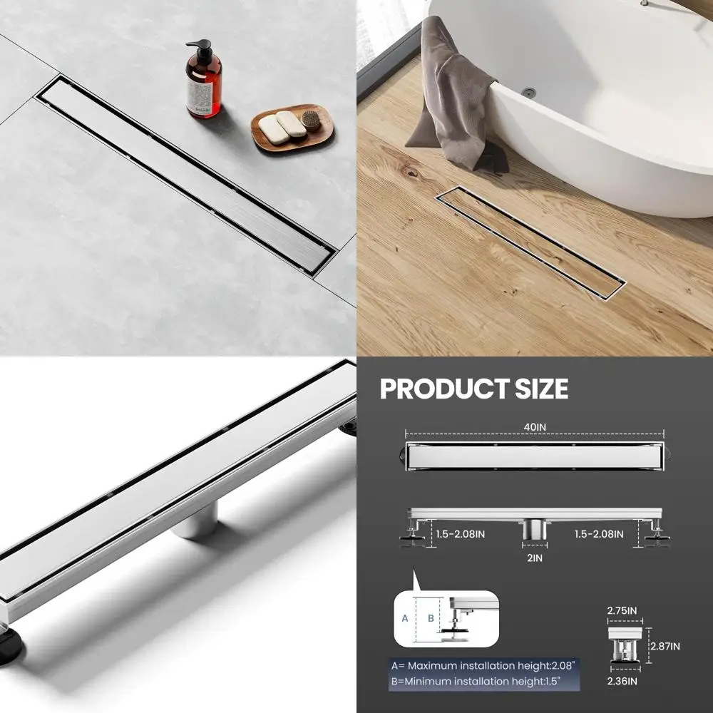 

40 Brushed 304 Stainless Steel Linear Shower Drain with Tile Insert, Suitable for Bathroom, Kitchen, and Garage