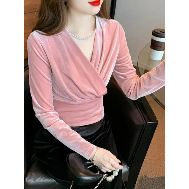 Commuter Versatile Temperament Elegant V-Neck Blouse Short Velvet Shirt Women\'s 2024 Autumn New French Style Slim Fit Top