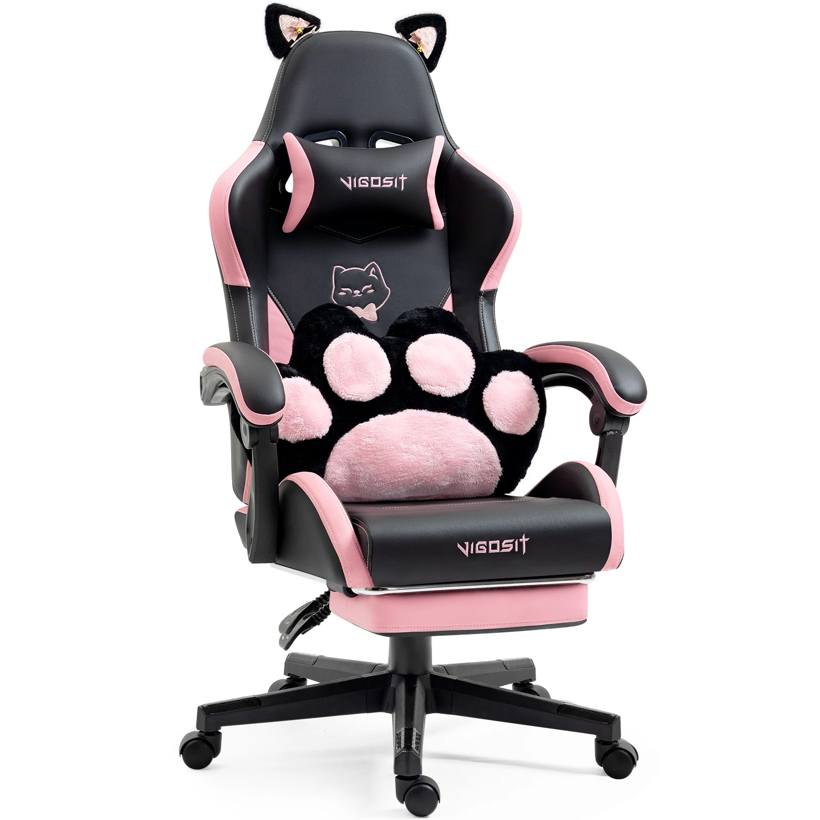 Vigosit Gamingstoel met schattige oren en Kawaii kussen, ergonomische computerstoel voor meisjes met lendensteun - afbeelding 1