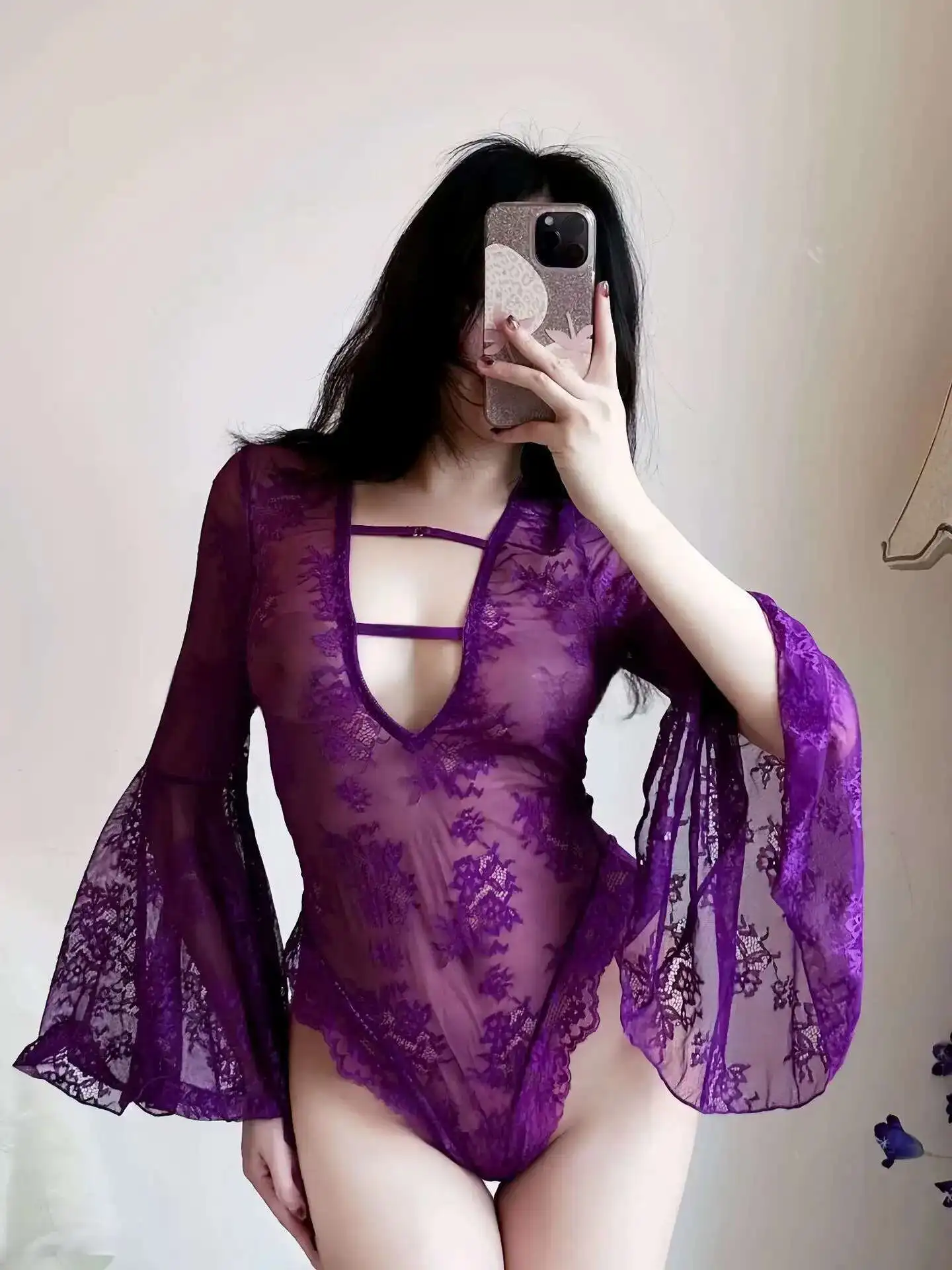 Body Sexy en dentelle violette et maille ajourée, manches longues, col en V profond, pur désir, broderie de fleurs, fin et charmant, 8O4B