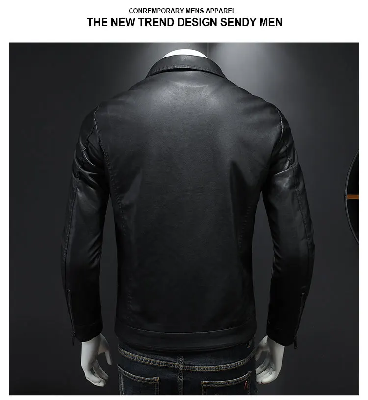 Veste de moto en cuir pour hommes, grande taille, poche noire, fermeture éclair, revers coréen, coupe cintrée, manteau en cuir PU de haute qualité pour hommes