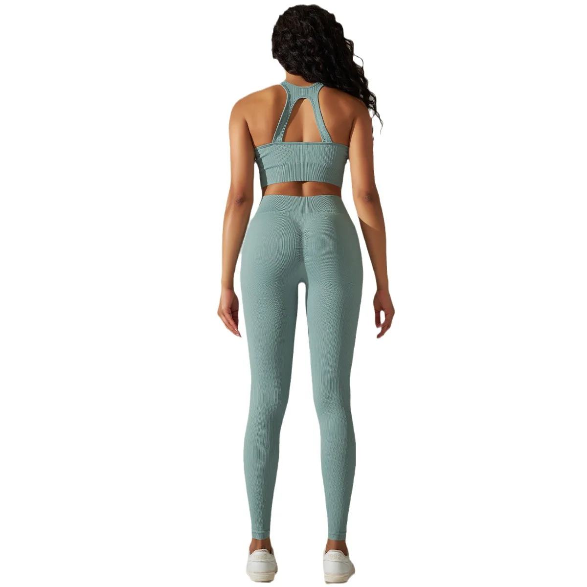 

Solid Color Peach Skinny Knit Striped Sports Bra Yoga Clothes Suit Running Fitness Pants Two-piece Set