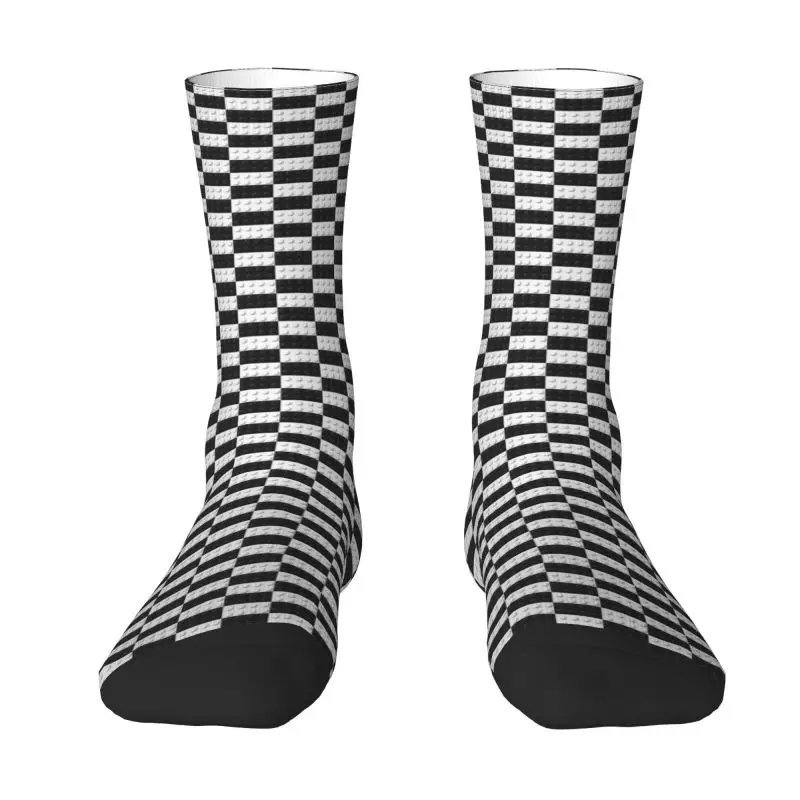 Custom Black And White Plastic Toy Block Abstract Odern Pattern Dress Socks Men Women Warm Funny Novelty Crew Socks