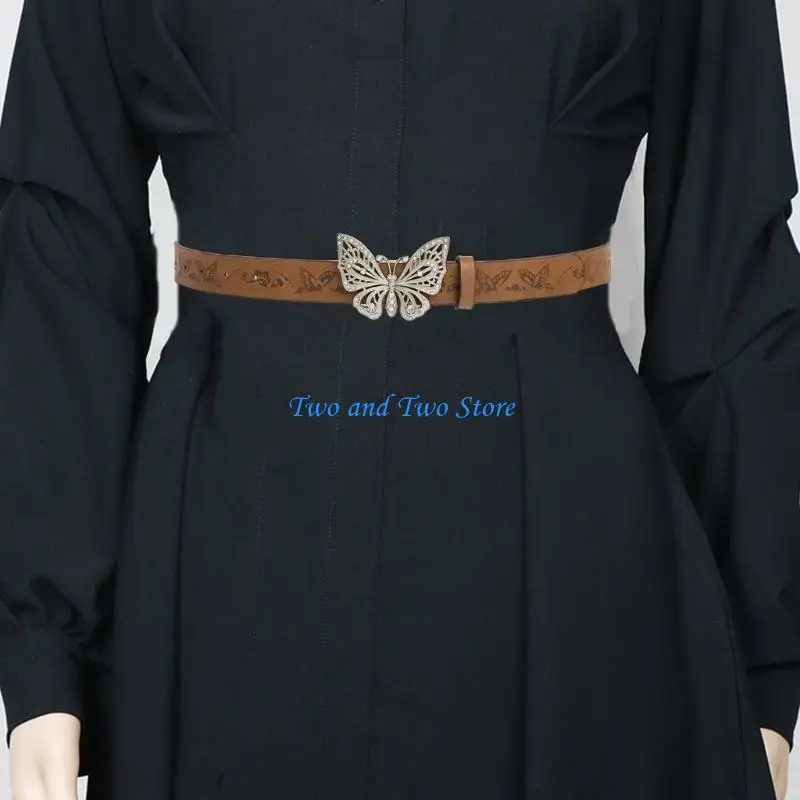 

HX6F Embossed Belt Elegant Skinny Waist Belt for Dress Skinny PU Belt Rhinestones Buckle Butterfly Buckle for Suit Dress