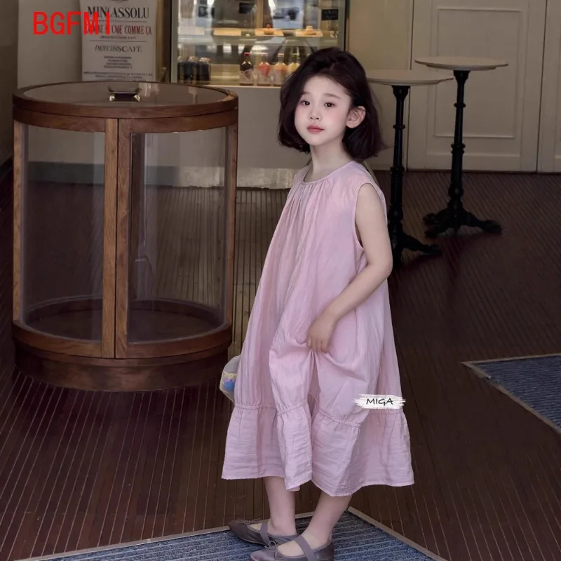 الكورية أزياء الأطفال فتاة حلوة لطيف سترة فستان فضفاض الصيف القطن الوردي أكمام فستان كاجوال فستان حفلة الشاطئ للأطفال