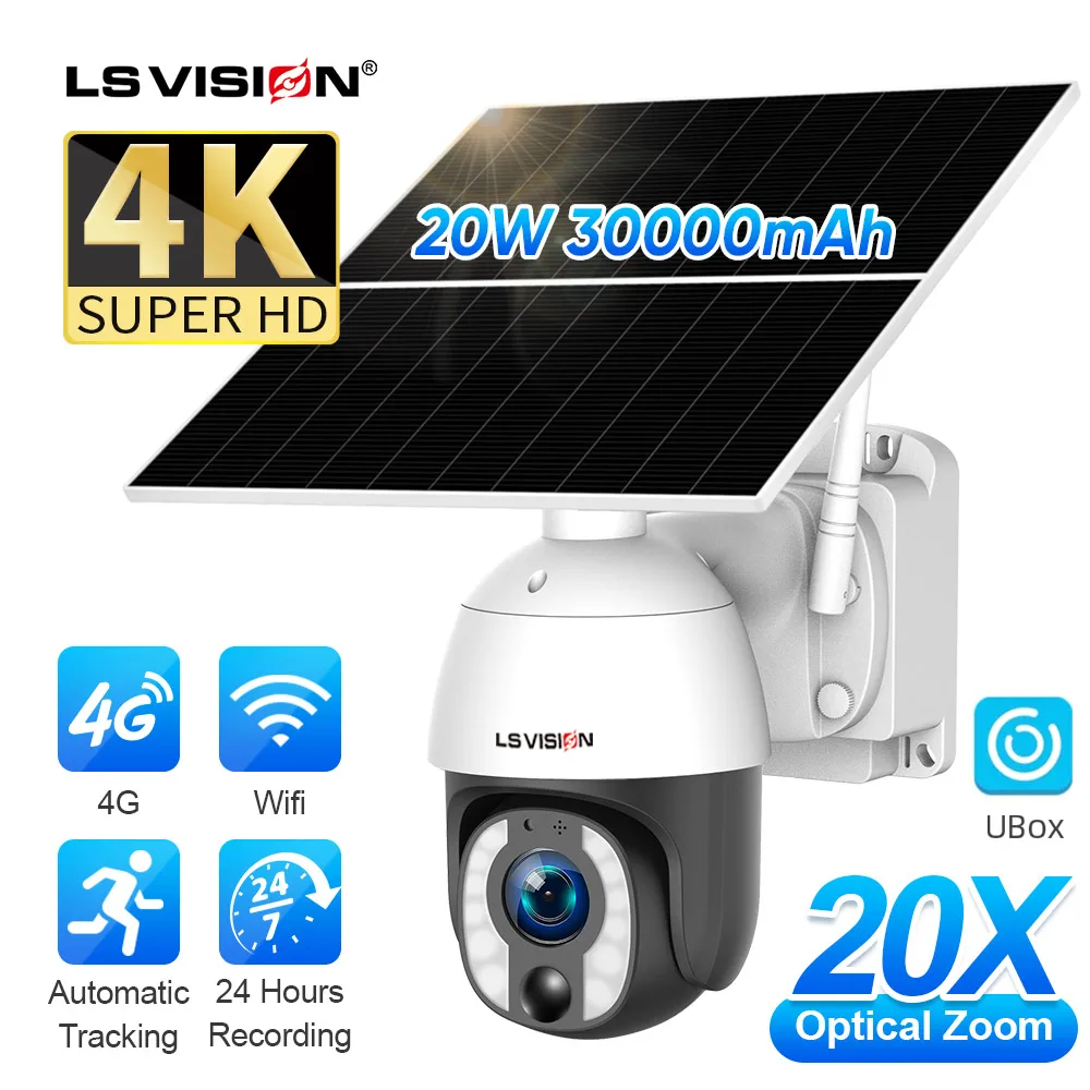 LS VISION 4K 8MP 20X 광학 줌 태양광 카메라, 24 시간 녹화, 4G/WiFi 자동 추적, 30000mAh 배터리 카메라, 20W 태양광 패널 