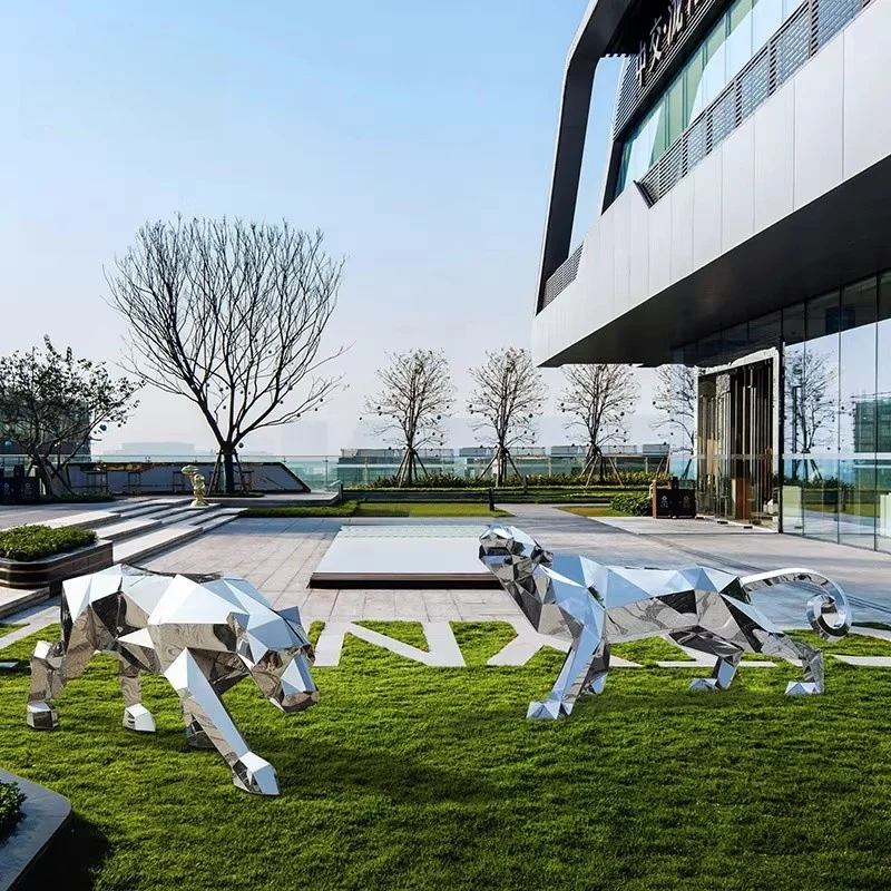 Outdoor stainless steel geometric cheetah sculpture hotel sales office large floor patio furnishlawn art ornaments