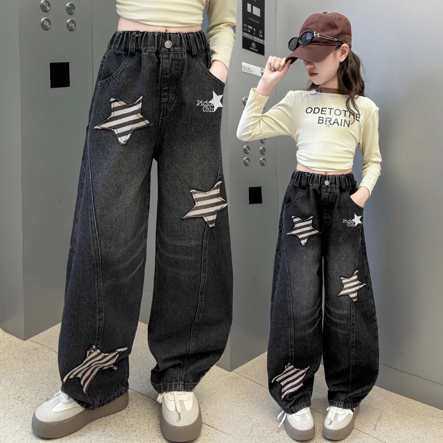 

2025 весенне-осенние джинсы с вышитыми нашивками для девочек, модные высококачественные джинсы в стиле хип-хоп