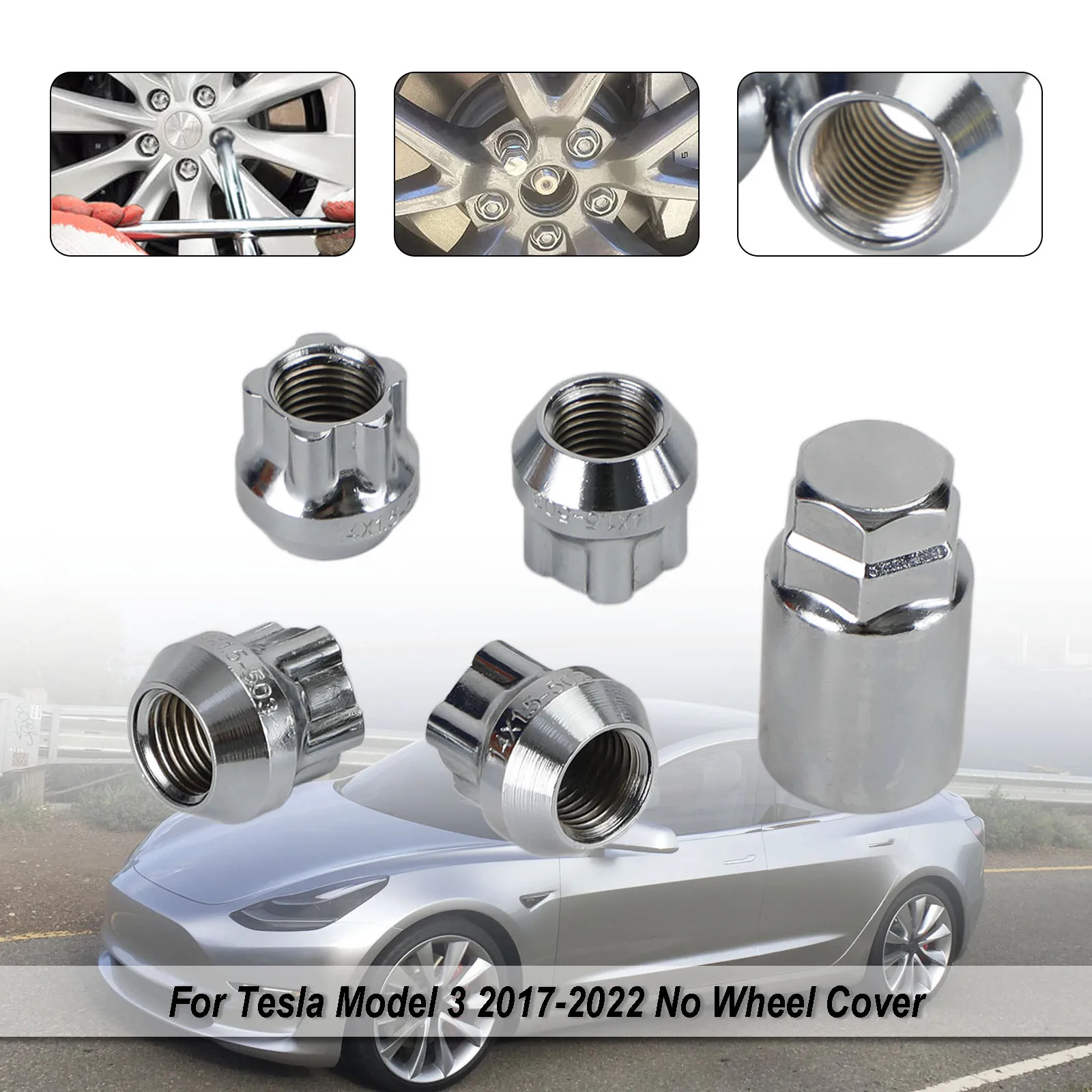 Areyourshop 4PCS Wheel Lock Lug Nut Fit for Tesla Model S/3/X/Y All Year Chrome M14×1.5 Car Accessoriess Parts