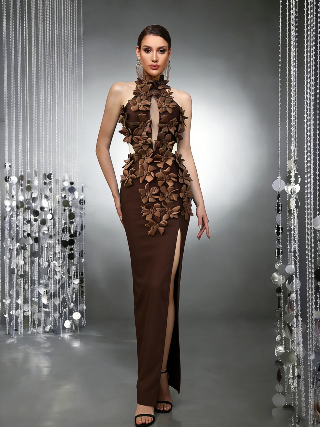 

Женское шикарное вечернее платье с 3D цветочным узором, вырезом халтер, открытой спиной, облегающее, с разрезом до бедра, для выпускного, гала-вечера, свадьбы, для гостей