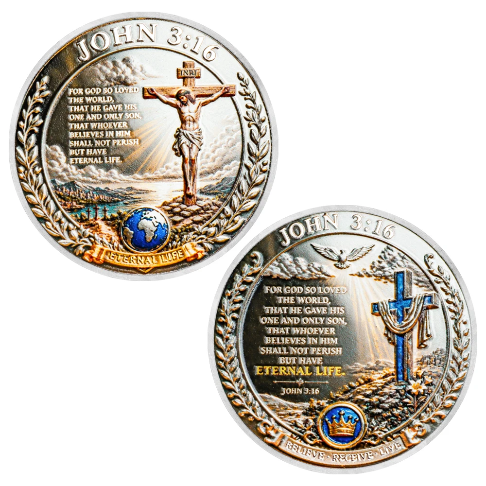 1 pièce Pièce commémorative chrétienne de la Bible Jean 3:16 Vie éternelle Croix de la crucifixion de Jésus Pièce de défi religieuse Cadeaux de collection