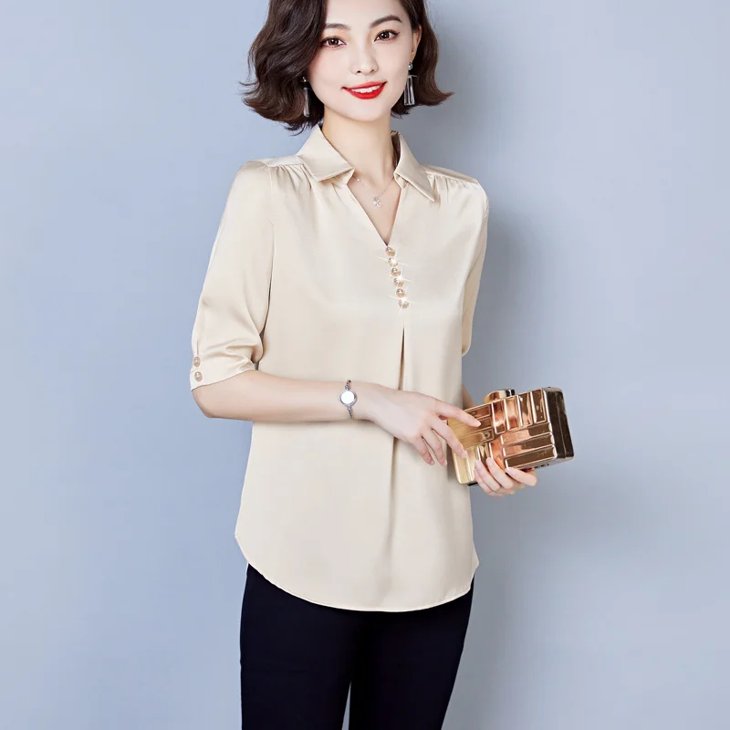 #2522 Summer Satin Blouse Women Half Sleeve Womens Tops And Blouses Regular Fit Office Blouse Female Solid Color V-neck Buttons