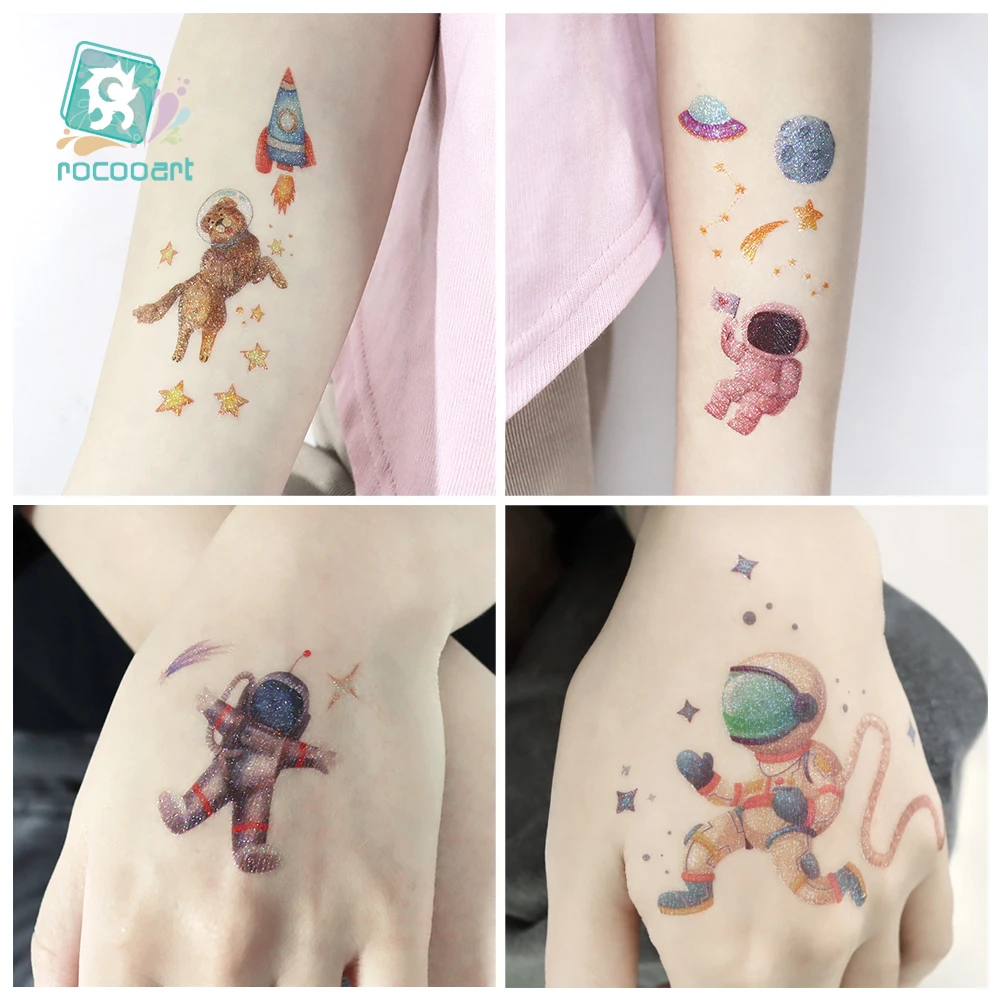 Glitter Space Man Temporary Tattoos Sticker For Kids Fake Tattoo Planets Star Tatoo Children Waterproof Tatto Astronaut Universe