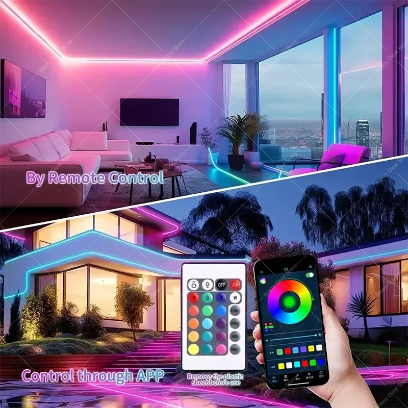 Luces de neón LED RGB de 15M, Control remoto por aplicación inteligente, cuerda que cambia de Color con sincronización de música impermeable para juegos de dormitorio y sala de estar