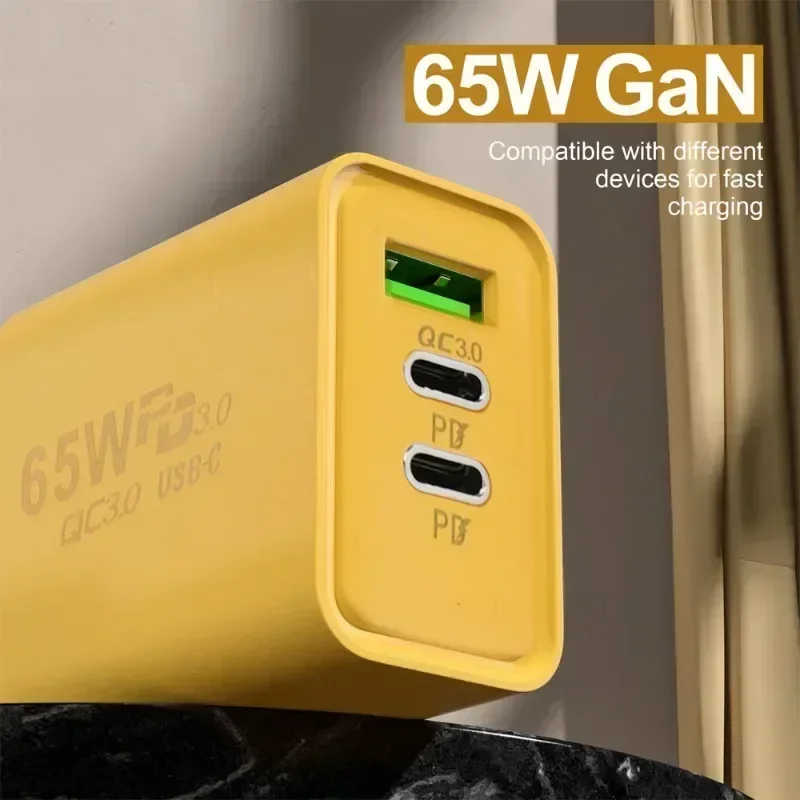 65W 3 Ports GaN Mobile Phone Chargers USB C PD QC3.0 Quick Charging Cellphone Charger Dual Type C Data Cable for iPhone Laptop