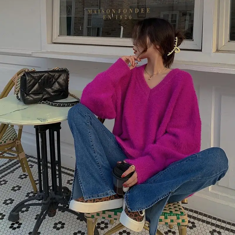 

Women's Mink Knit Sweater 2025 Fall Winter Korean Oversized Long Cardigan V-Neck Thick Lazy Style Coat