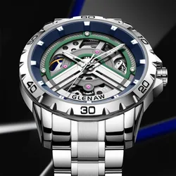 GLENAW New Men's Mechanical Watch Original Skeleton Waterproof Luminous Stainless Steel Automatic Watch for Men Erkek saati Box