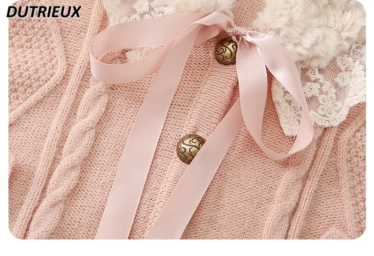 Autumn Winter New Sweet Girl Pastoral Plush Collar Knitted Cloak Women Cute Bow Lolita Soft Girls Shawl Sweater Cardigan Jacket