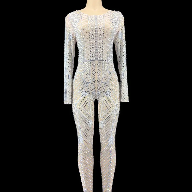 

Rhinestone Women Sexy Mesh See Through Sparkly Jumpsuit Evening Birthday Perspective Costume