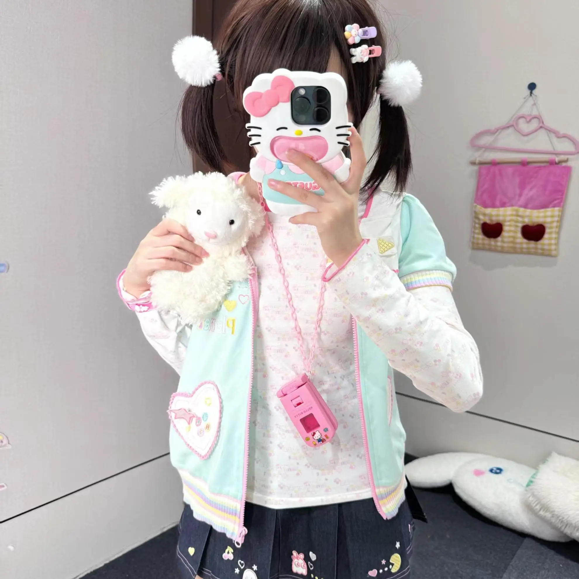 الأصلي اليابانية لينة الفتيات Kawaii تي شيرت ربيع الخريف جديد المرأة سليم صالح الجولة الرقبة الكرتون طباعة Y2K ملابس ابنة #2